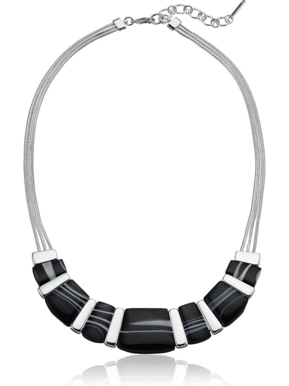 Chic Silver-Tone & Black Agate 16" Frontal Necklace with 2" Extender, Stylish
